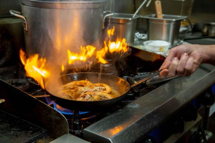 Prawns cooked in pan with flame Panchos Mexican Restaurant Riverwood